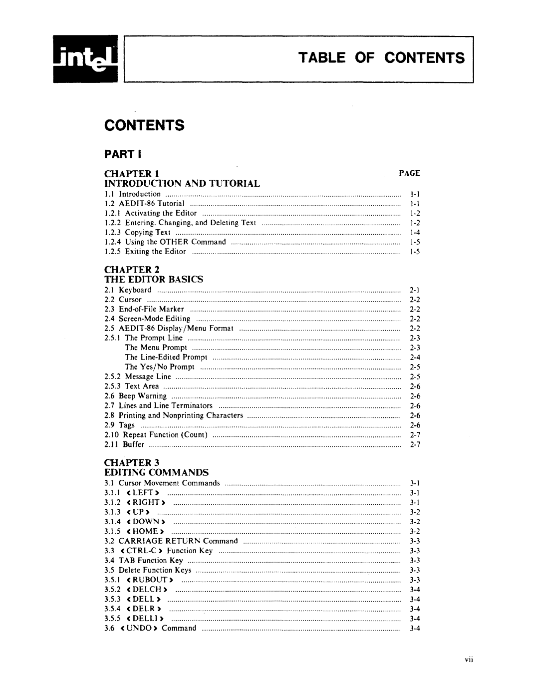 Intel AEDIT-86 manual Table of Contents 