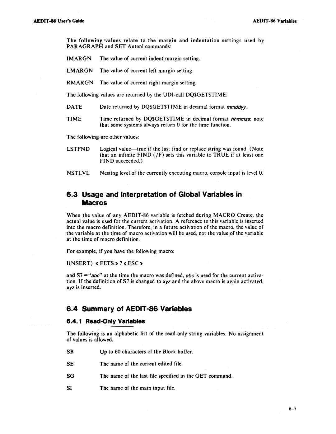 Intel Usage and Interpretation of Global Variables in Macros, Summary of AEDIT-86 Variables, Read-Only Variables, Time 