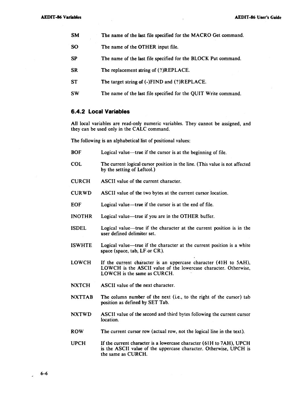 Intel AEDIT-86 manual Local Variables 