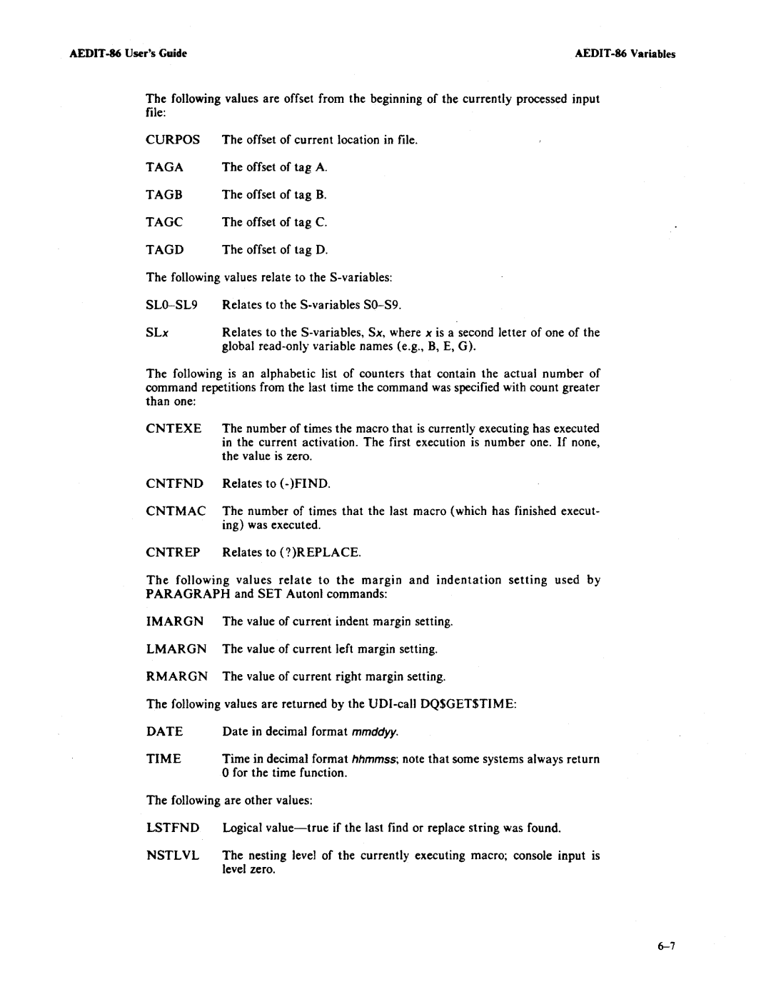 Intel AEDIT-86 manual Offset of current location in file 