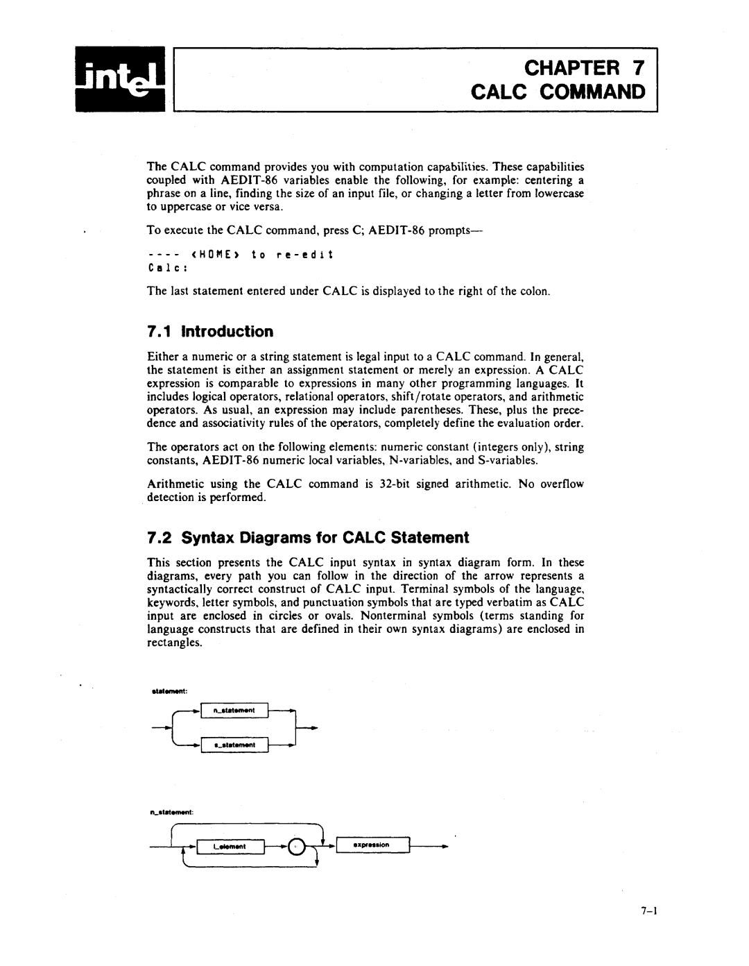 Intel AEDIT-86 manual Chapter Calc Command, Syntax Diagrams for Calc Statement 