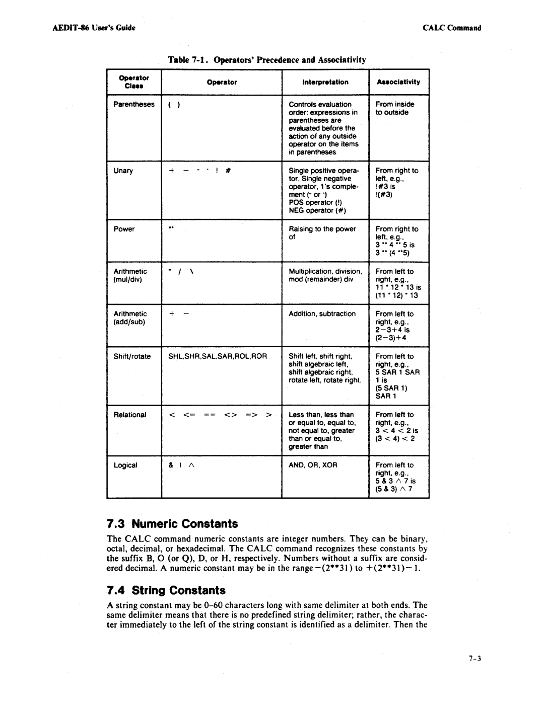 Intel AEDIT-86 manual Numeric Constants, String Constants, Operators Precedence and Associativity 