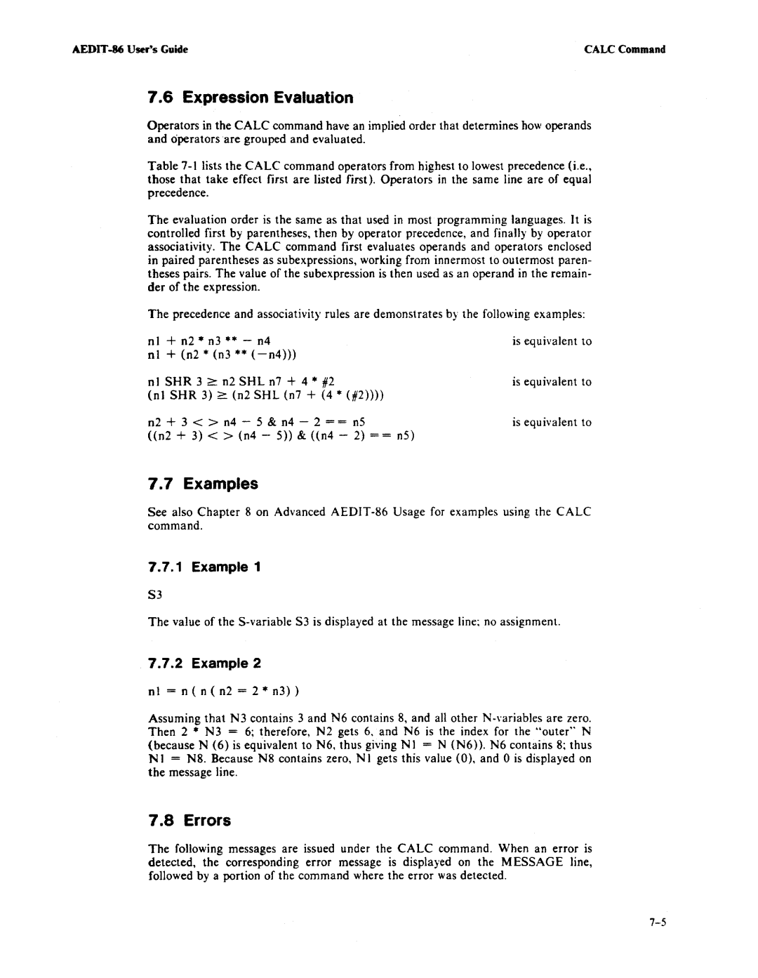 Intel AEDIT-86 manual Expression Evaluation, Examples, Errors 