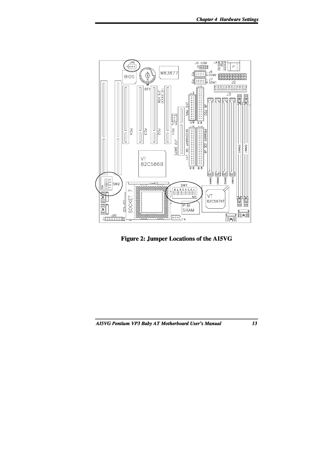 Intel user manual Jumper Locations of the AI5VG, Hardware Settings 