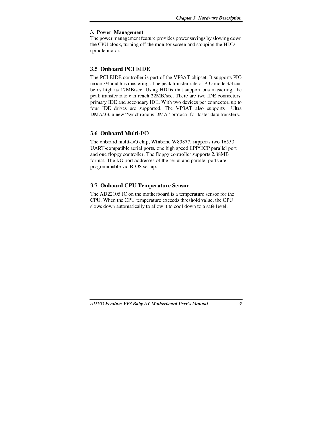 Intel AI5VG user manual Onboard PCI Eide, Onboard Multi-I/O, Onboard CPU Temperature Sensor, Power Management 