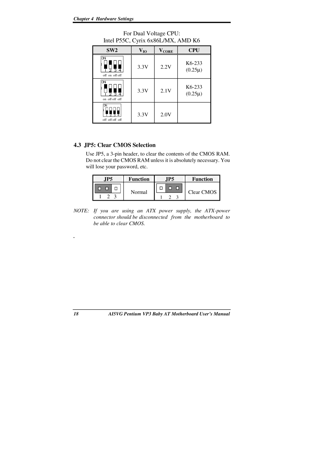 Intel AI5VG user manual JP5 Clear Cmos Selection, Function 