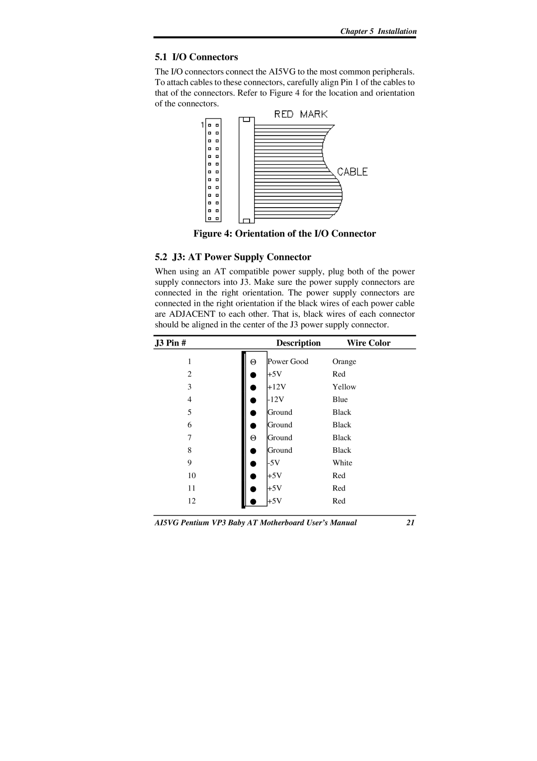 Intel AI5VG user manual I/O Connectors, J3 Pin # Description Wire Color 