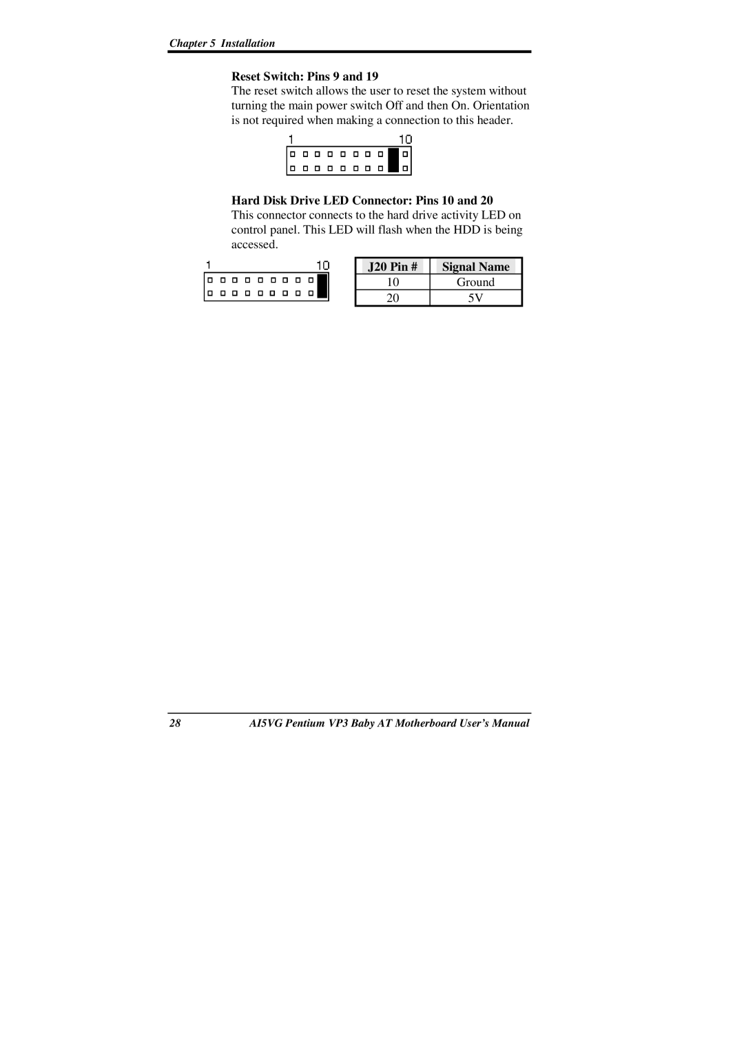 Intel AI5VG user manual Reset Switch Pins 9 