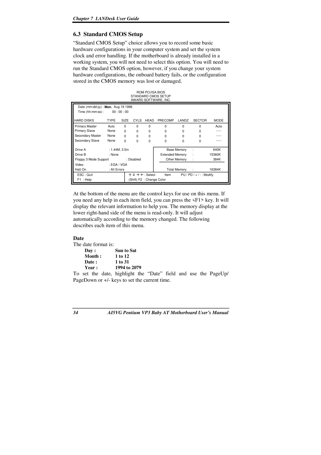 Intel AI5VG user manual Standard Cmos Setup, Date 