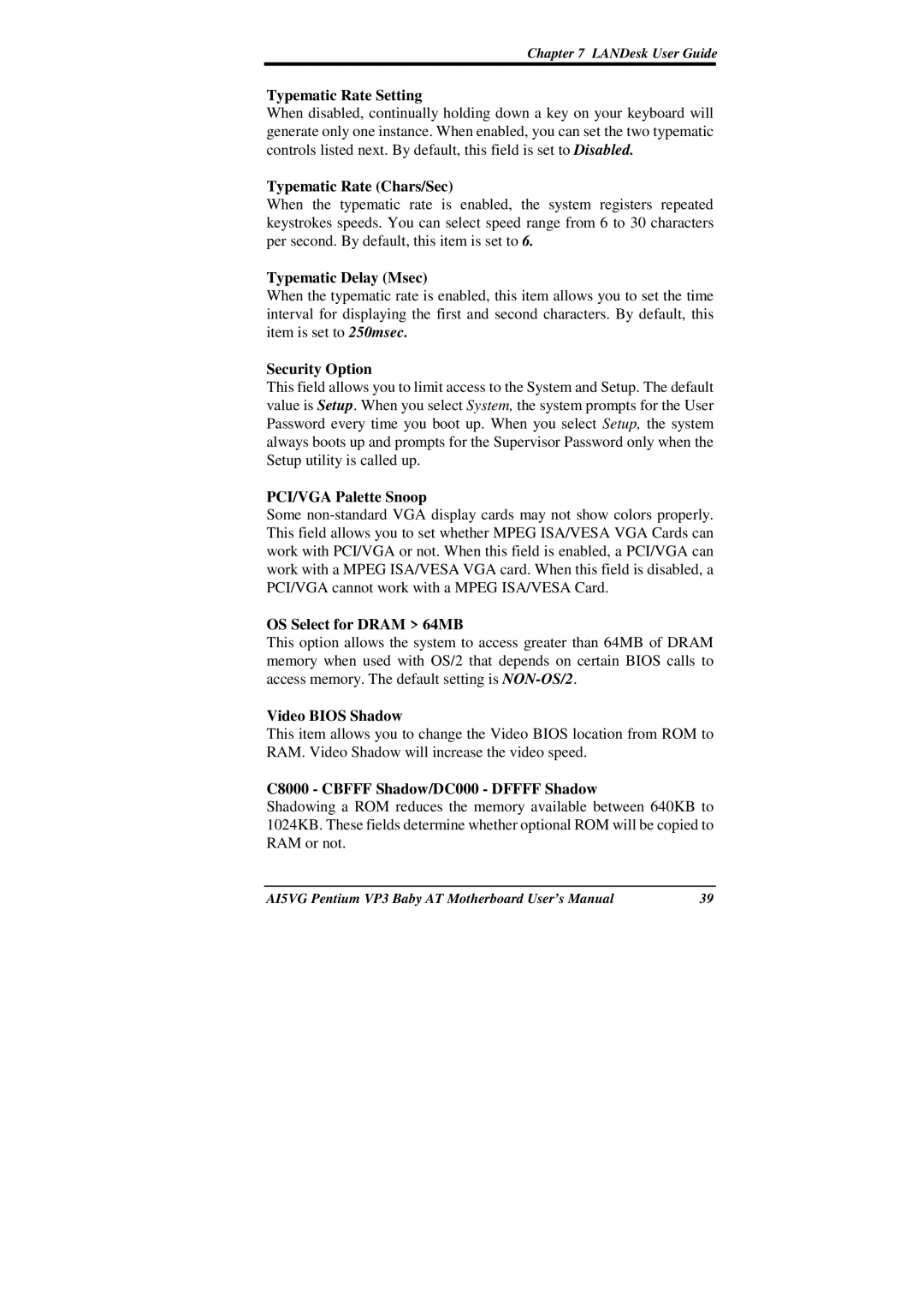 Intel AI5VG Typematic Rate Setting, Typematic Rate Chars/Sec, Typematic Delay Msec, Security Option, PCI/VGA Palette Snoop 