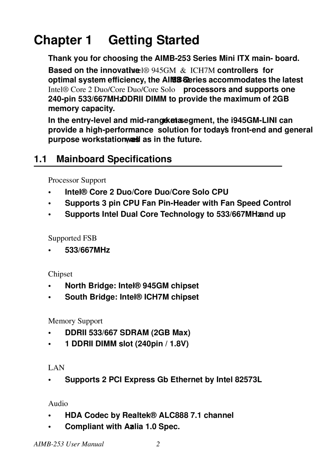 Intel AIMB-253 user manual Mainboard Specifications 