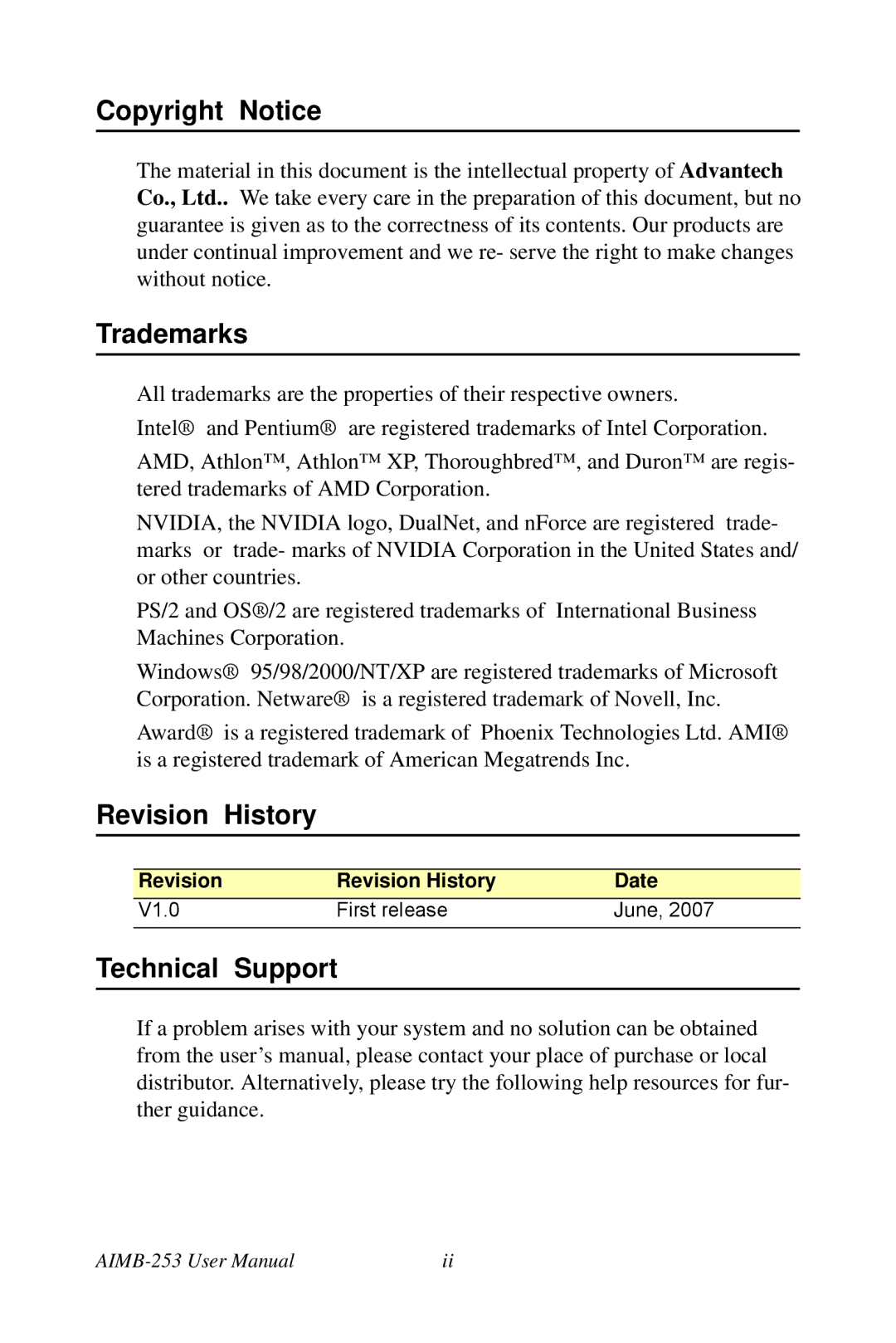 Intel AIMB-253 user manual Copyright Notice, Trademarks, Revision History, Technical Support 