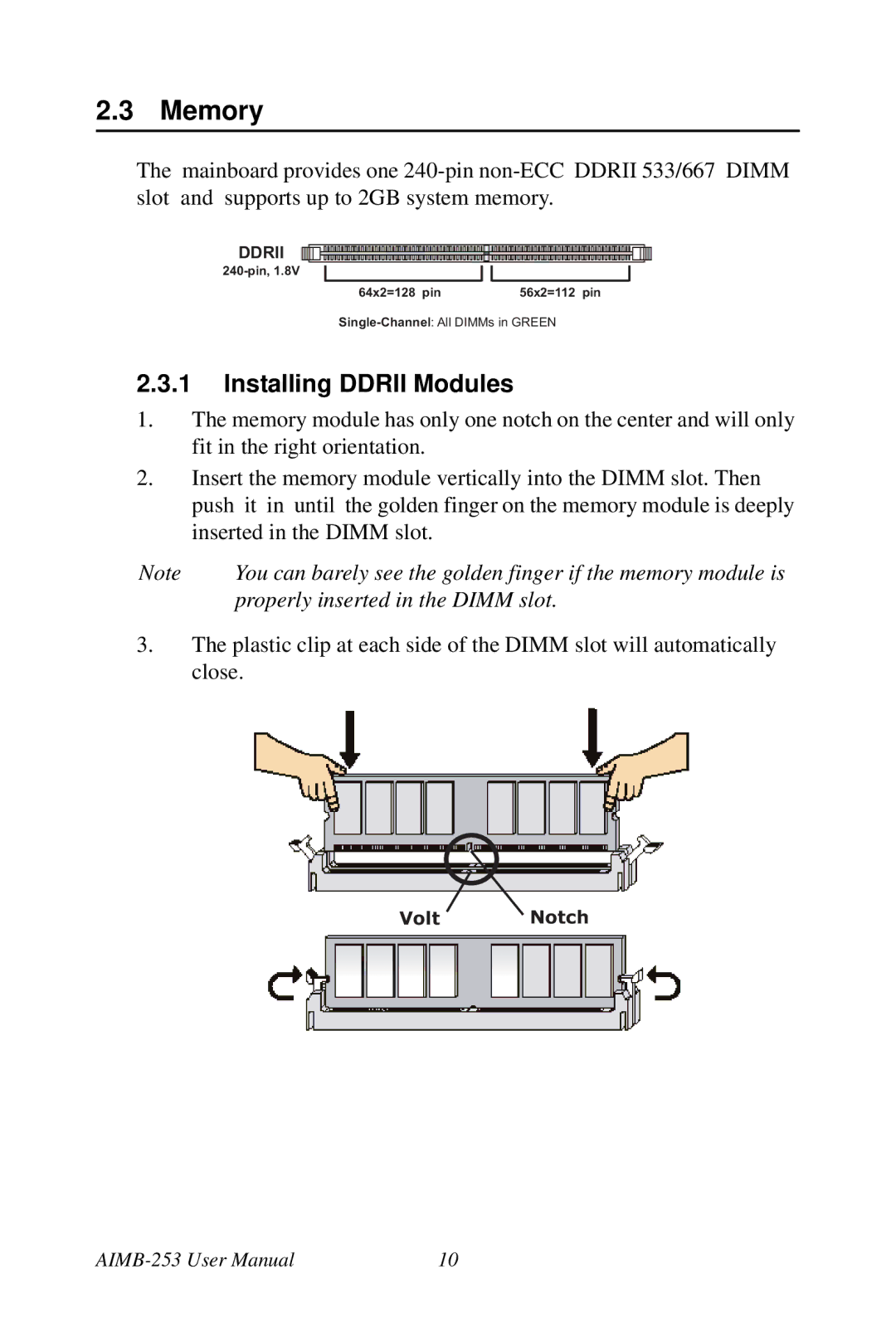 Intel AIMB-253 user manual Memory, Installing Ddrii Modules 