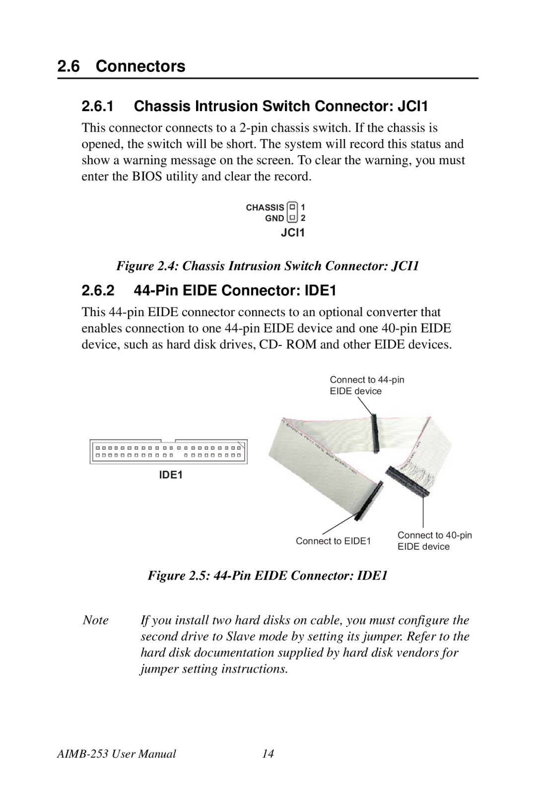 Intel AIMB-253 user manual Connectors, Chassis Intrusion Switch Connector JCI1, 2 44-Pin Eide Connector IDE1 