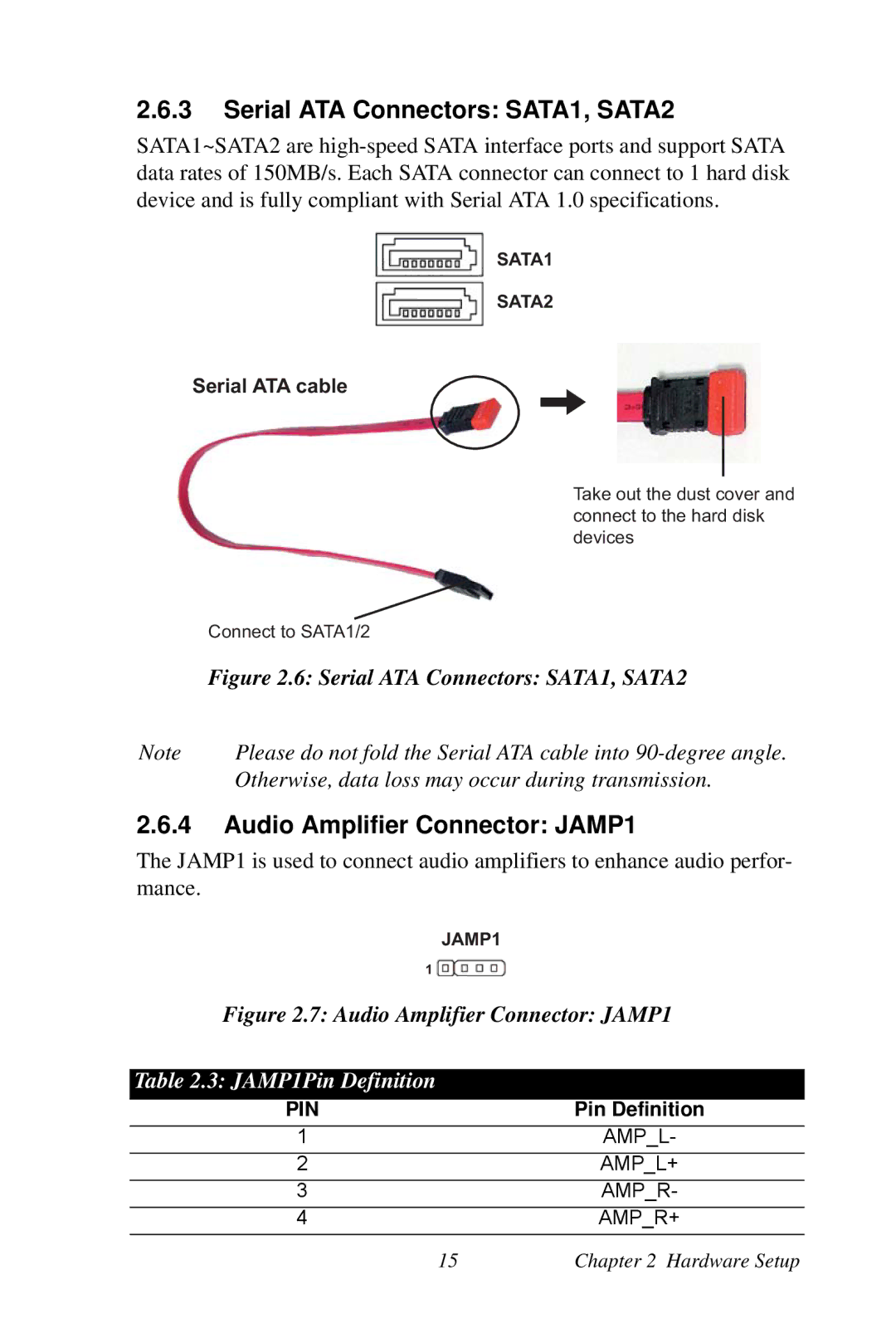 Intel AIMB-253 user manual Serial ATA Connectors SATA1, SATA2, Audio Amplifier Connector JAMP1, JAMP1Pin Definition 