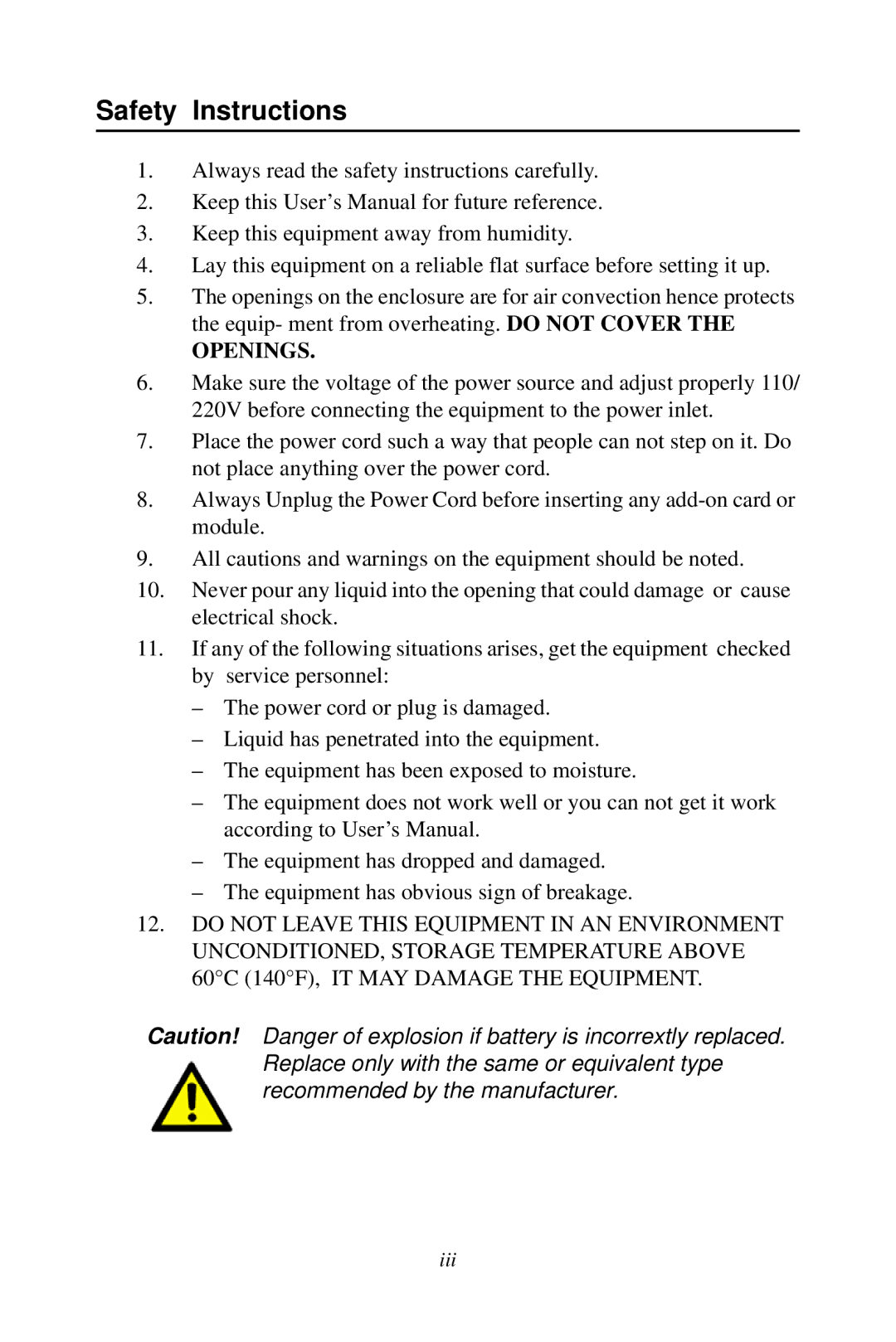 Intel AIMB-253 user manual Safety Instructions, Openings 