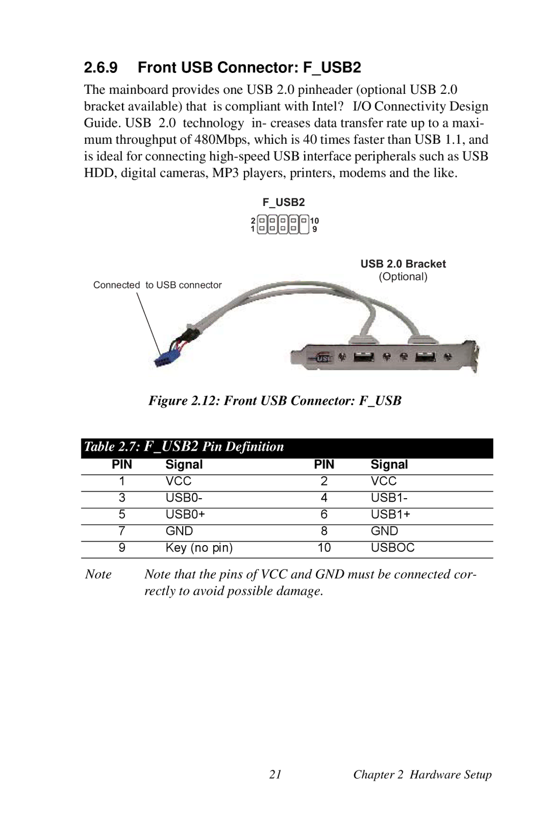 Intel AIMB-253 user manual Front USB Connector FUSB2, FUSB2 Pin Definition 