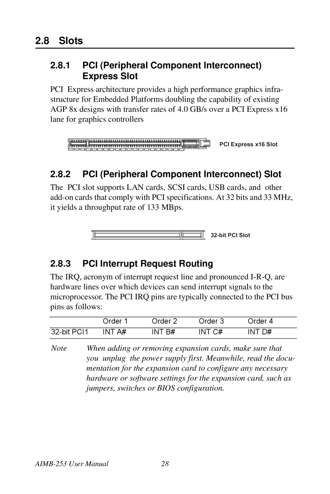 Intel AIMB-253 Slots, PCI Peripheral Component Interconnect Express Slot, PCI Peripheral Component Interconnect Slot 