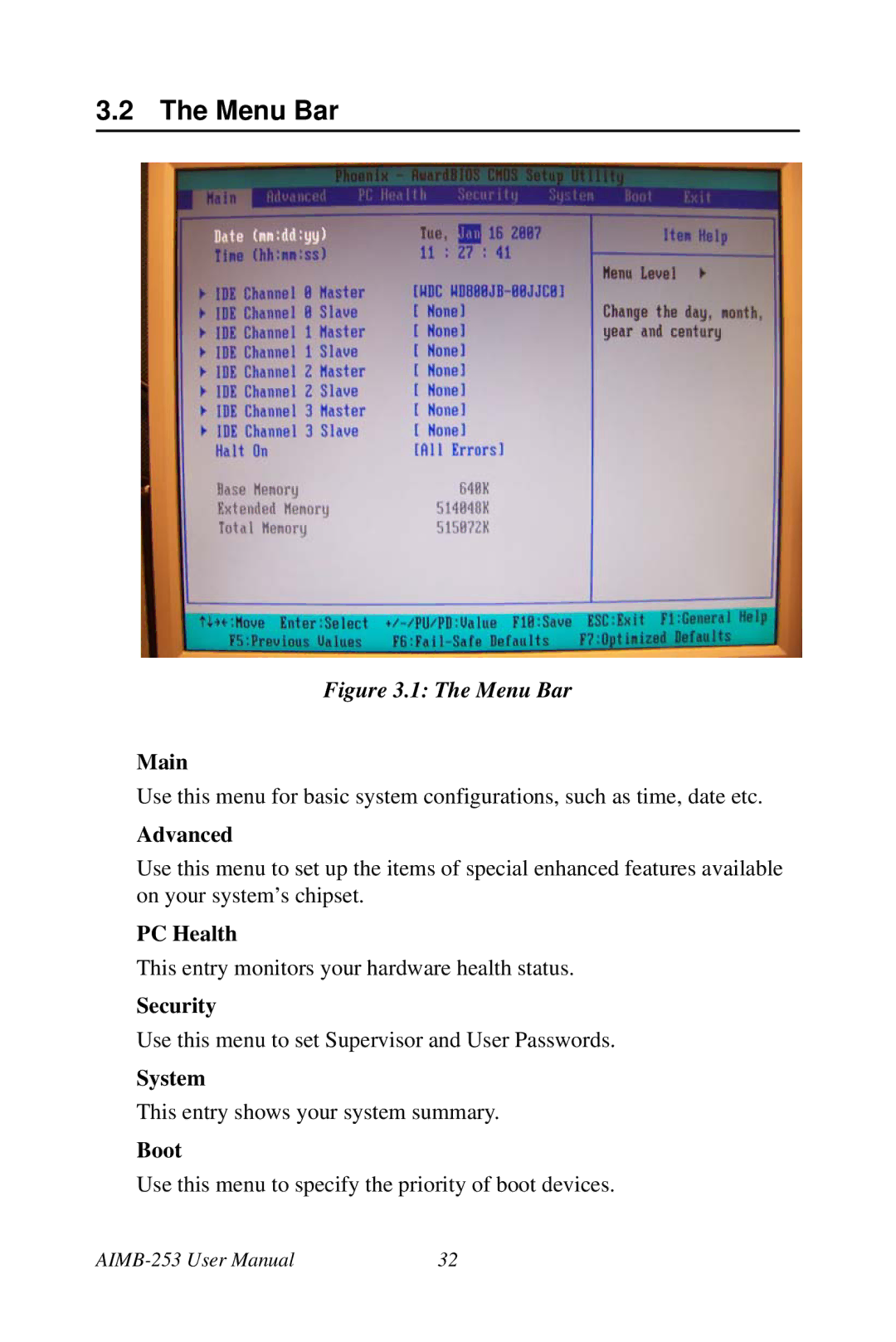 Intel AIMB-253 user manual Menu Bar 