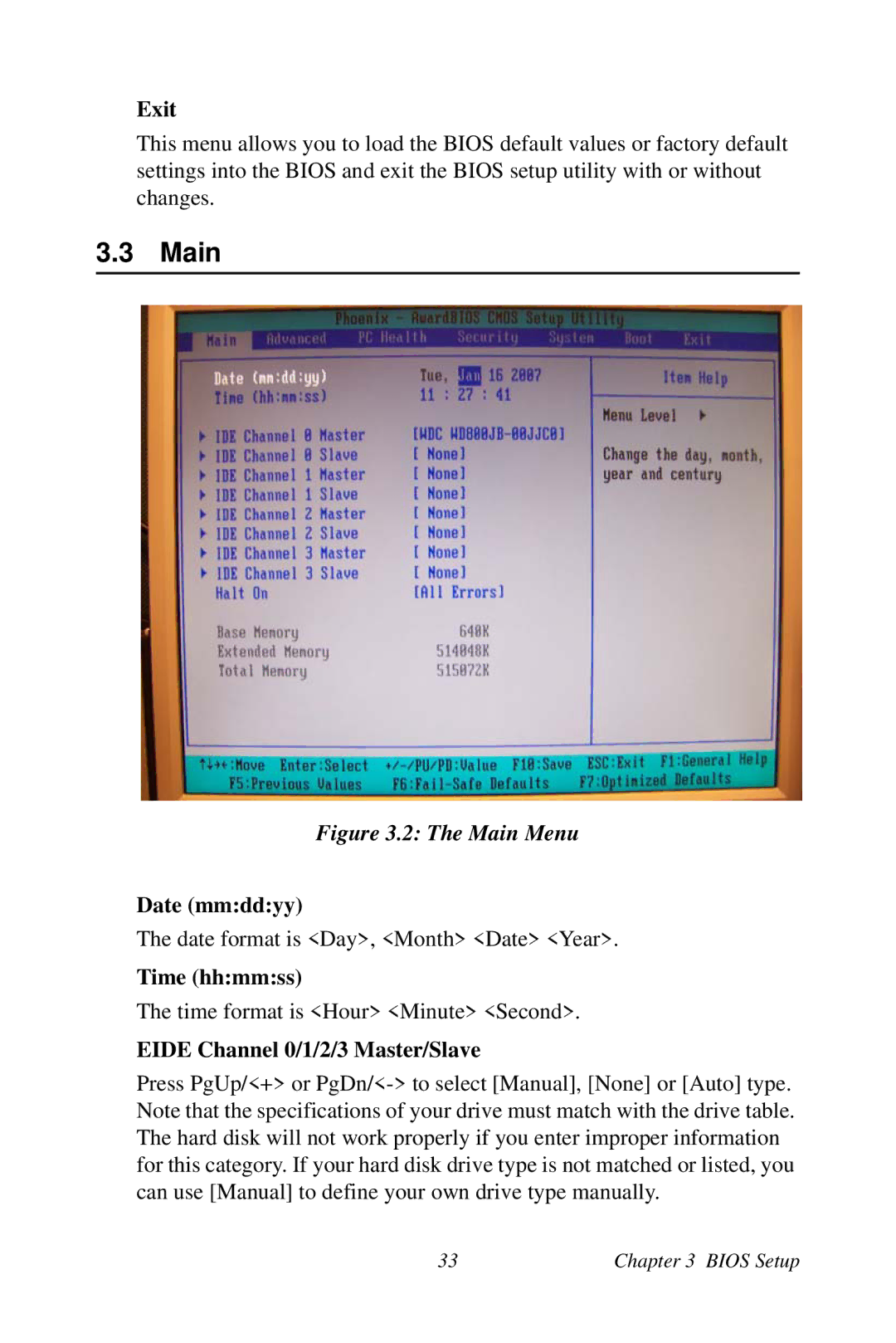 Intel AIMB-253 user manual Main, Exit, Date mmddyy, Time hhmmss, Eide Channel 0/1/2/3 Master/Slave 