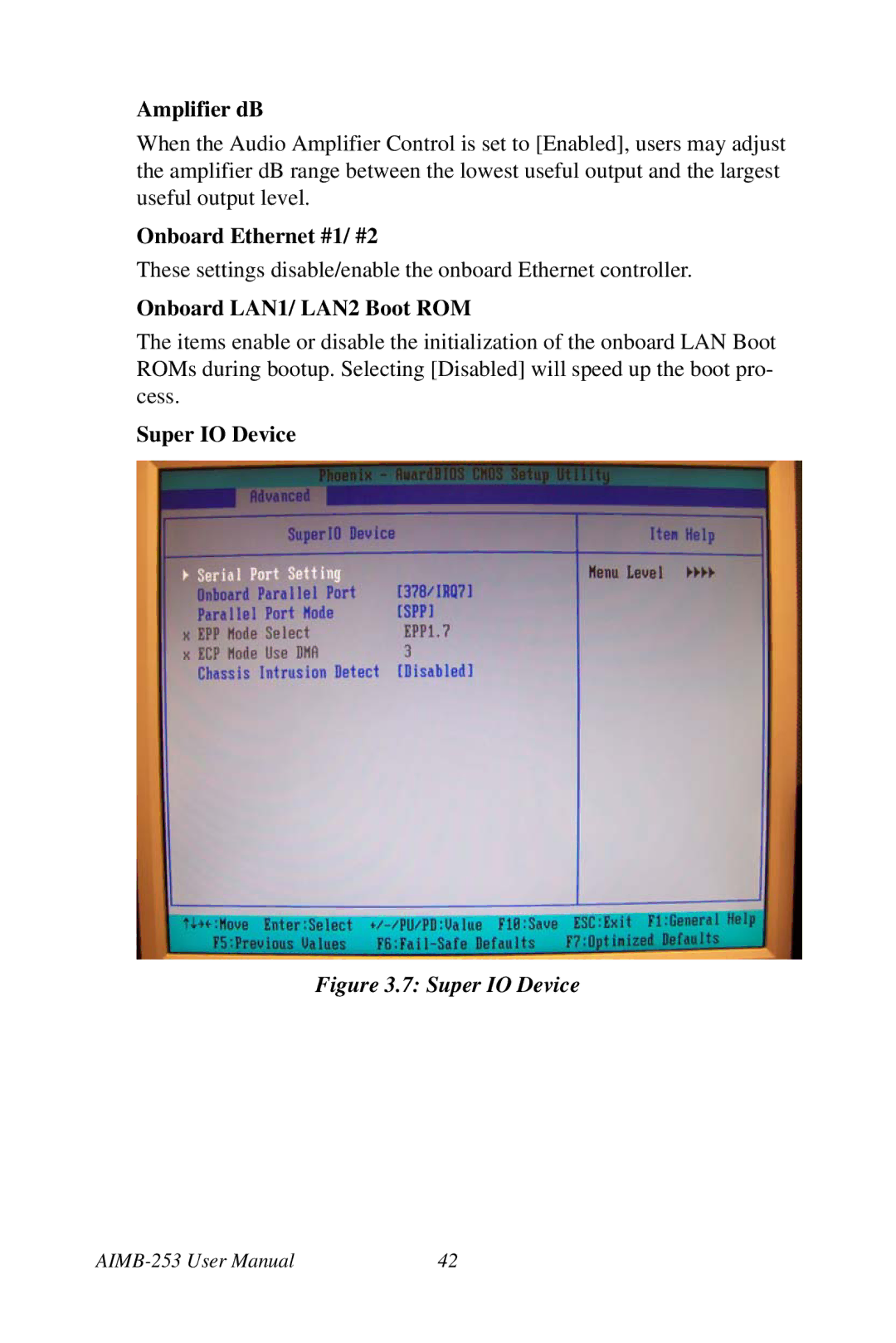 Intel AIMB-253 user manual Amplifier dB, Onboard Ethernet #1/ #2, Onboard LAN1/ LAN2 Boot ROM, Super IO Device 