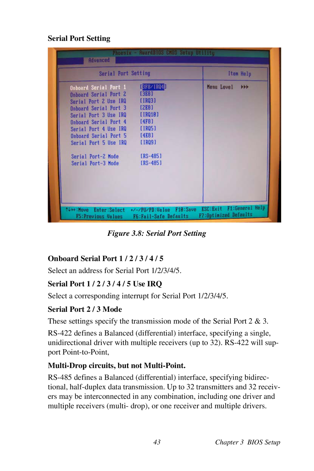 Intel AIMB-253 user manual Serial Port Setting, Onboard Serial Port 1 / 2 / 3 / 4, Serial Port 1 / 2 / 3 / 4 / 5 Use IRQ 