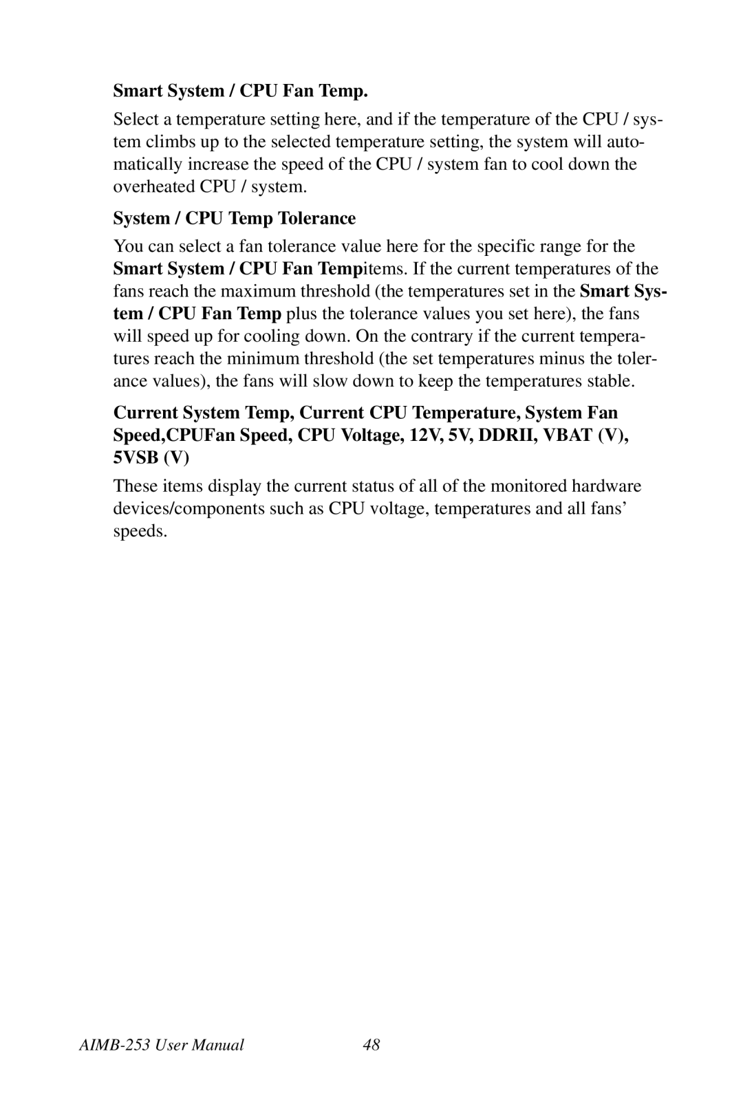 Intel AIMB-253 user manual Smart System / CPU Fan Temp, System / CPU Temp Tolerance 