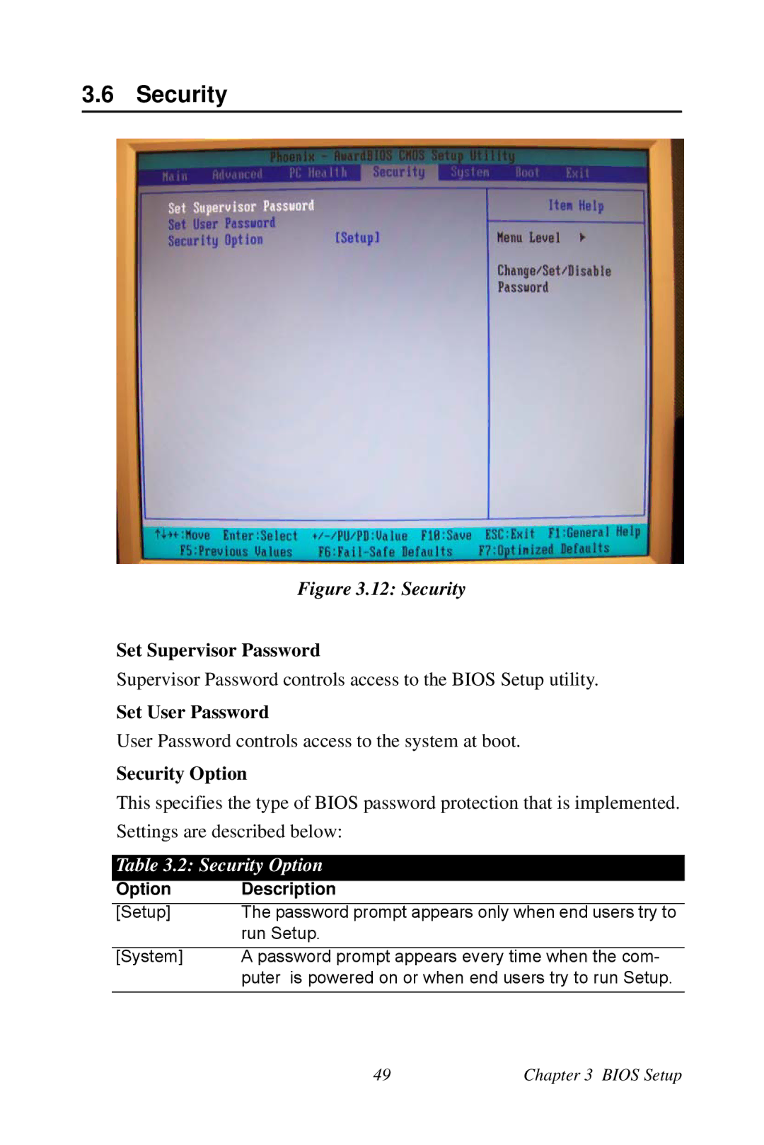 Intel AIMB-253 user manual Set Supervisor Password, Set User Password, Security Option 