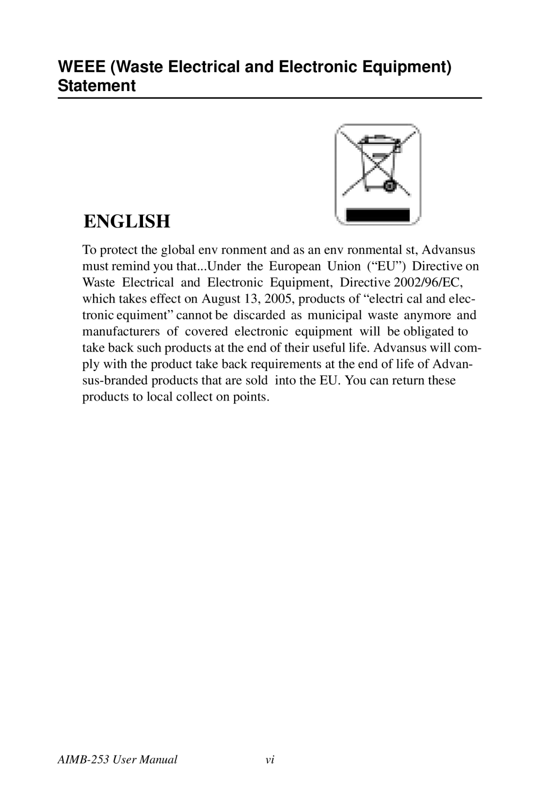 Intel AIMB-253 user manual English, Weee Waste Electrical and Electronic Equipment Statement 