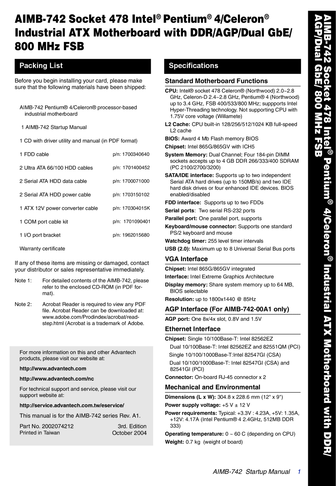 Intel AIMB-742 specifications Packing List, Specifications 