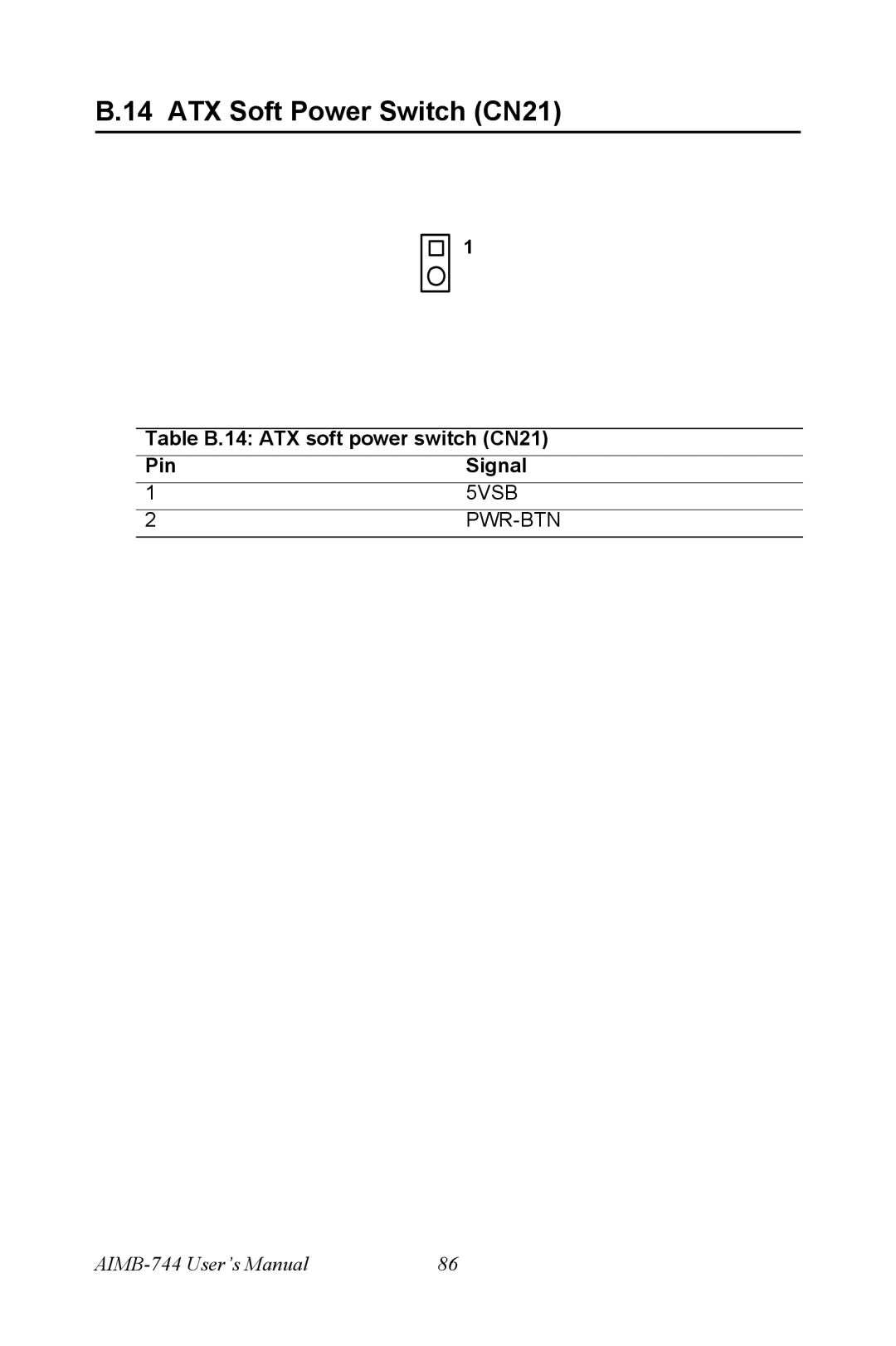 Intel AIMB-744 user manual ATX Soft Power Switch CN21, Table B.14 ATX soft power switch CN21 Pin Signal 