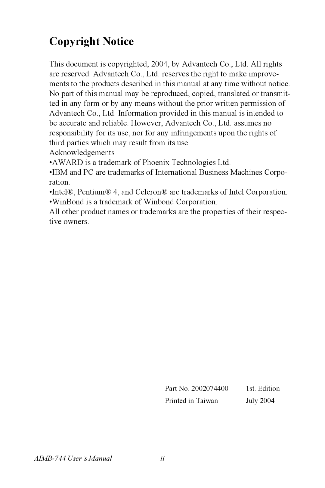 Intel AIMB-744 user manual Copyright Notice 