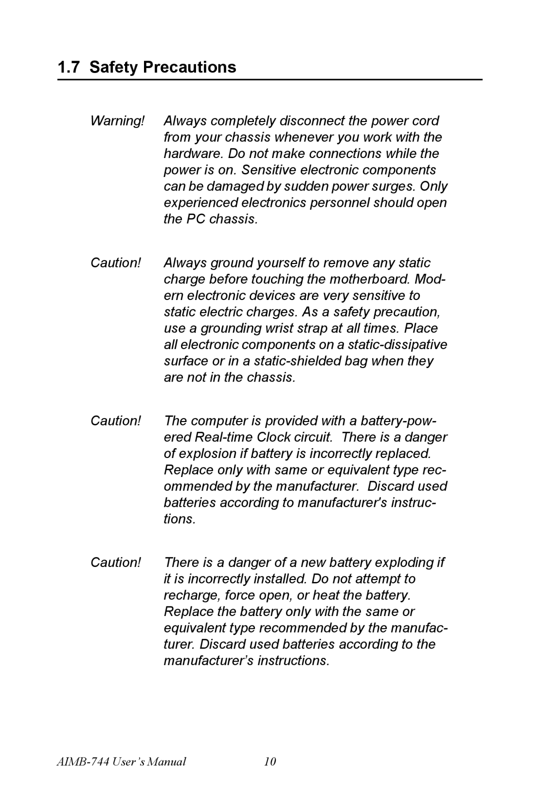 Intel AIMB-744 user manual Safety Precautions 