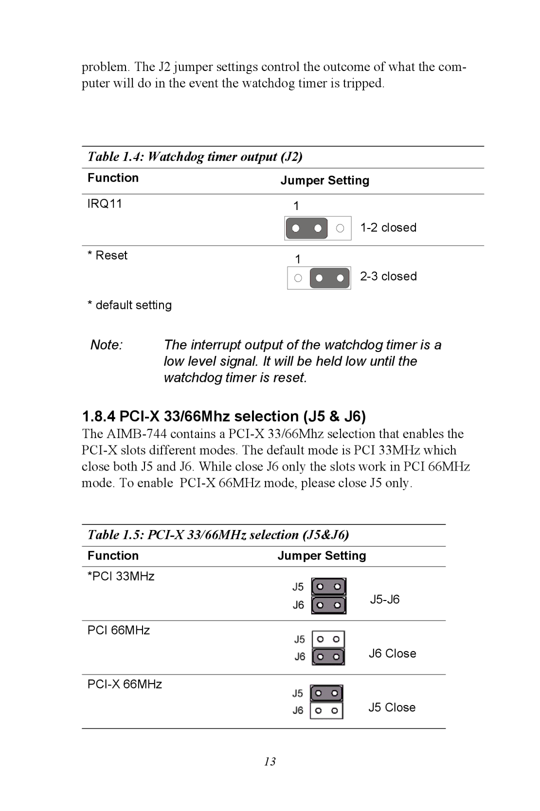 Intel AIMB-744 user manual PCI-X 33/66Mhz selection J5 & J6, Watchdog timer output J2 