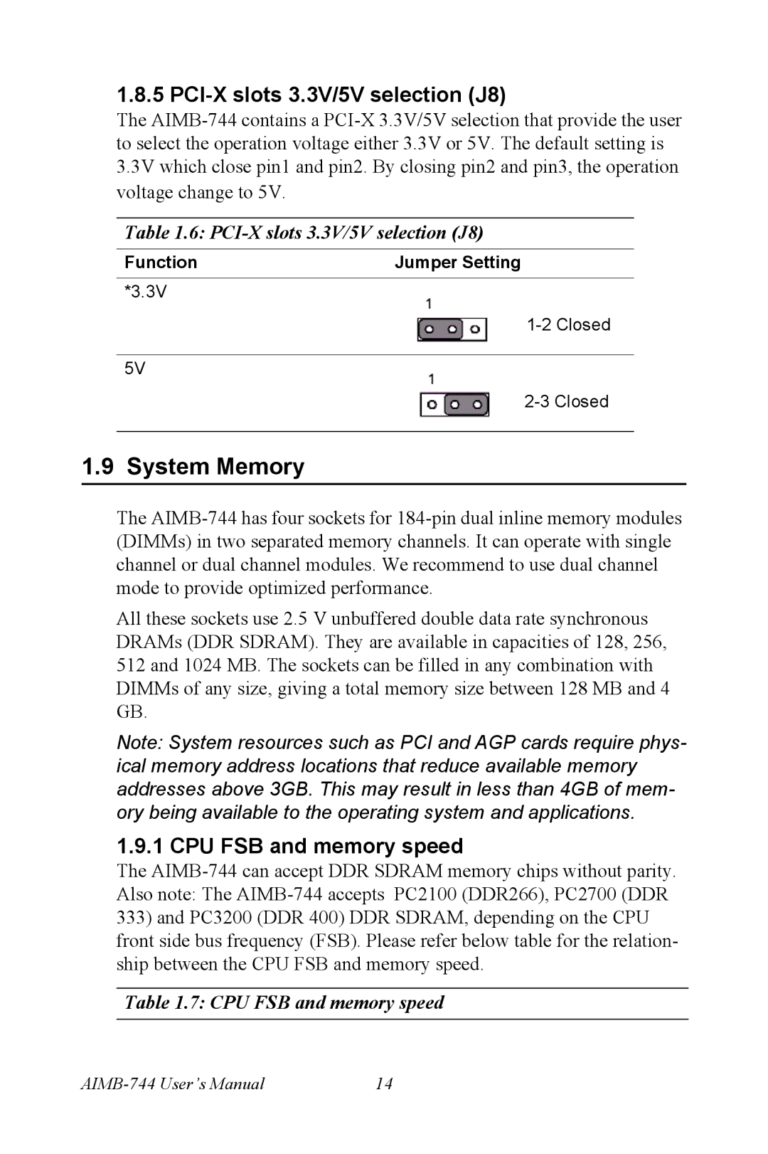 Intel AIMB-744 user manual System Memory, PCI-X slots 3.3V/5V selection J8, CPU FSB and memory speed 