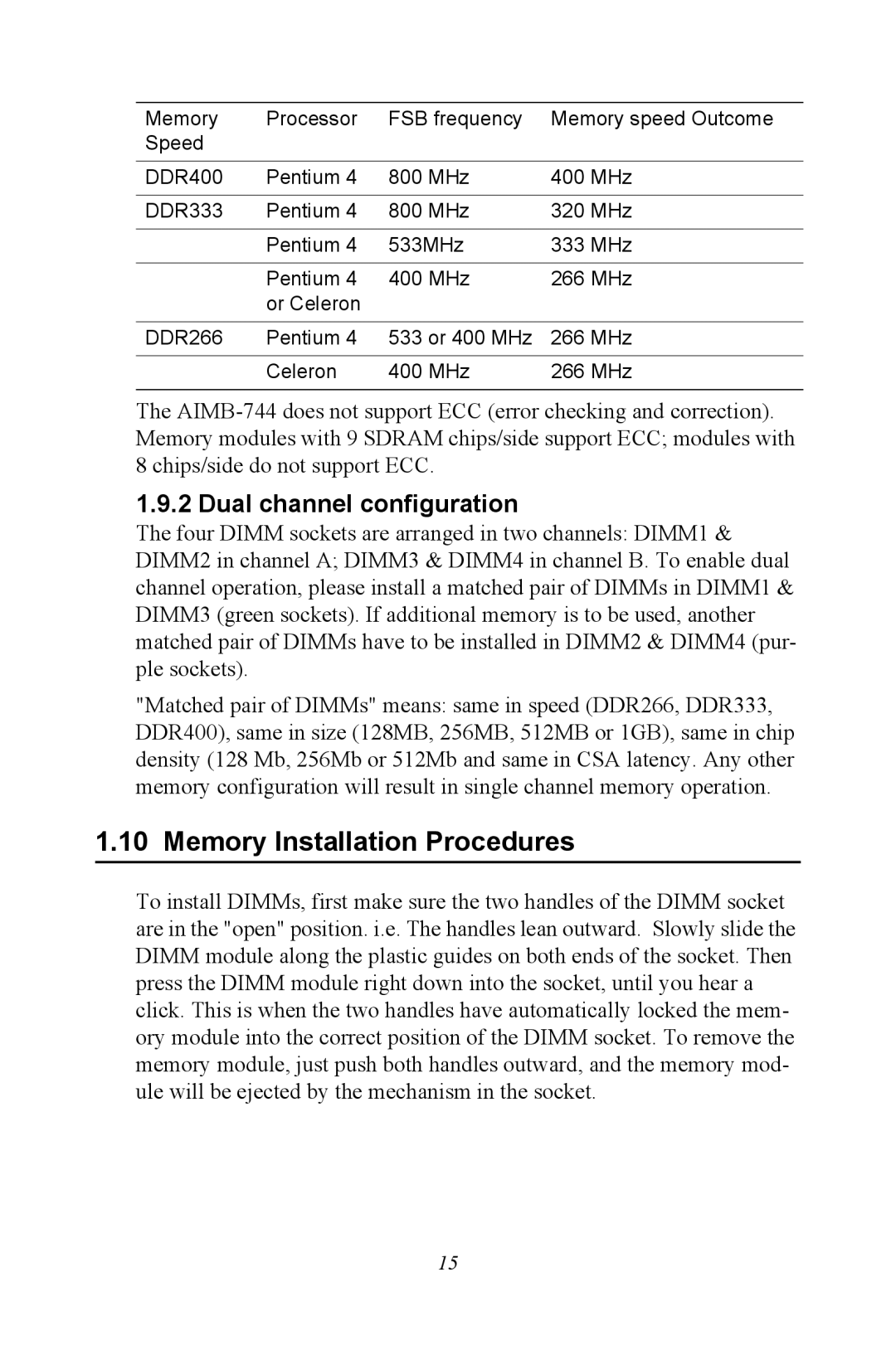 Intel AIMB-744 user manual Memory Installation Procedures, Dual channel configuration 