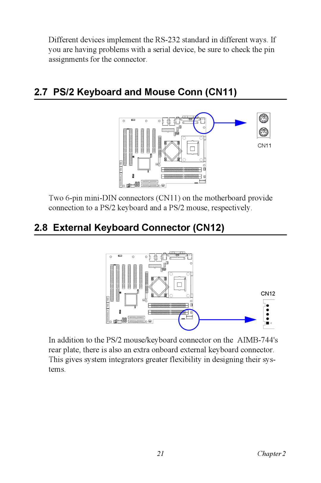 Intel AIMB-744 user manual PS/2 Keyboard and Mouse Conn CN11, External Keyboard Connector CN12 