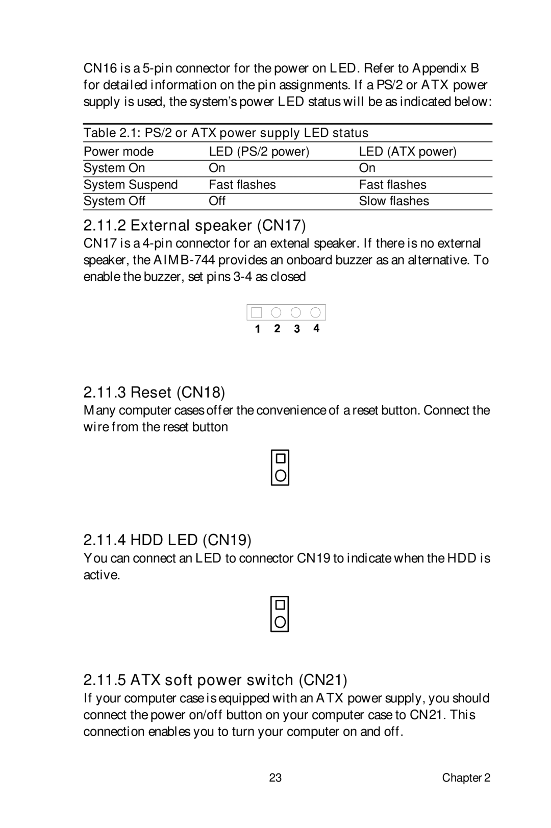 Intel AIMB-744 user manual External speaker CN17, Reset CN18, HDD LED CN19, ATX soft power switch CN21 