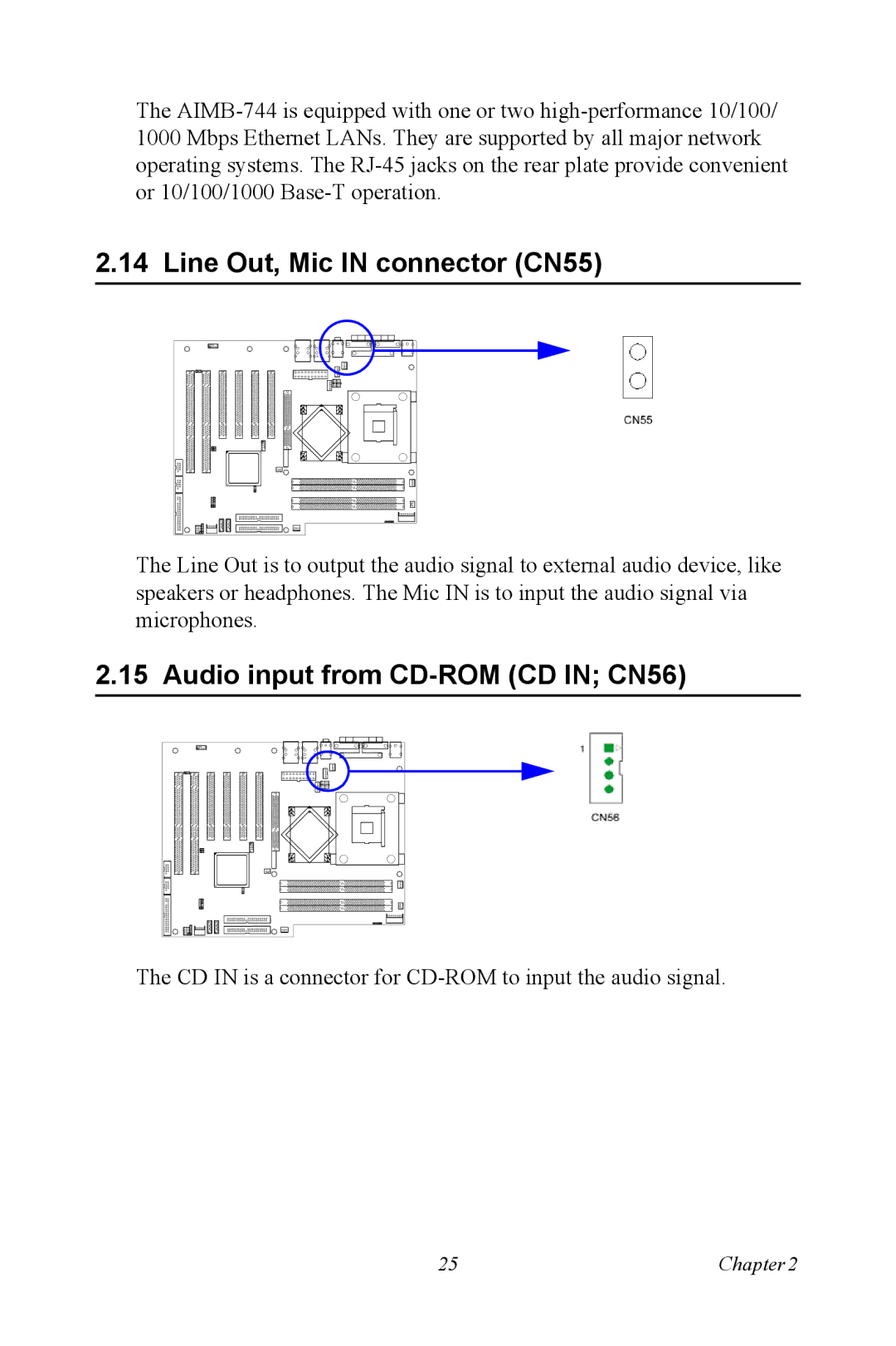 Intel AIMB-744 user manual Line Out, Mic in connector CN55, Audio input from CD-ROM CD in CN56 