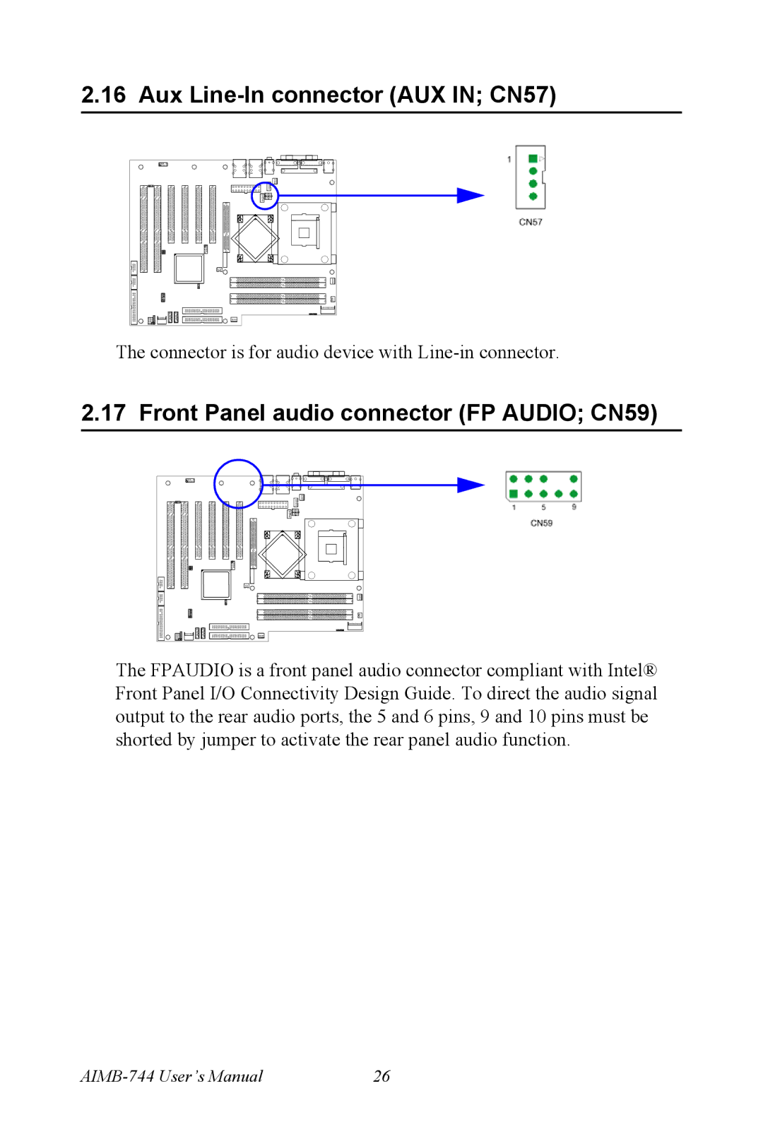 Intel AIMB-744 user manual Aux Line-In connector AUX in CN57, Front Panel audio connector FP Audio CN59 