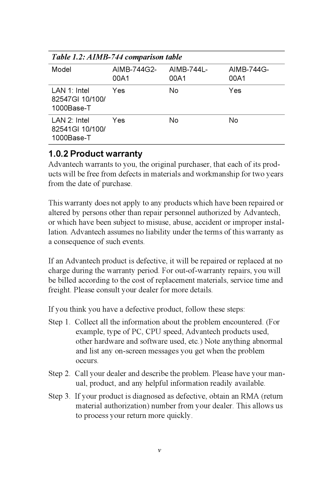 Intel user manual Product warranty, AIMB-744 comparison table 