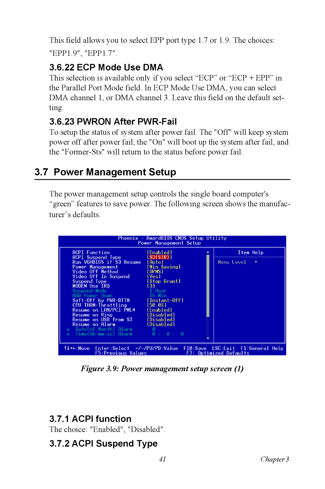 Intel AIMB-744 user manual Power Management Setup, ECP Mode Use DMA, Pwron After PWR-Fail, Acpi function, Acpi Suspend Type 