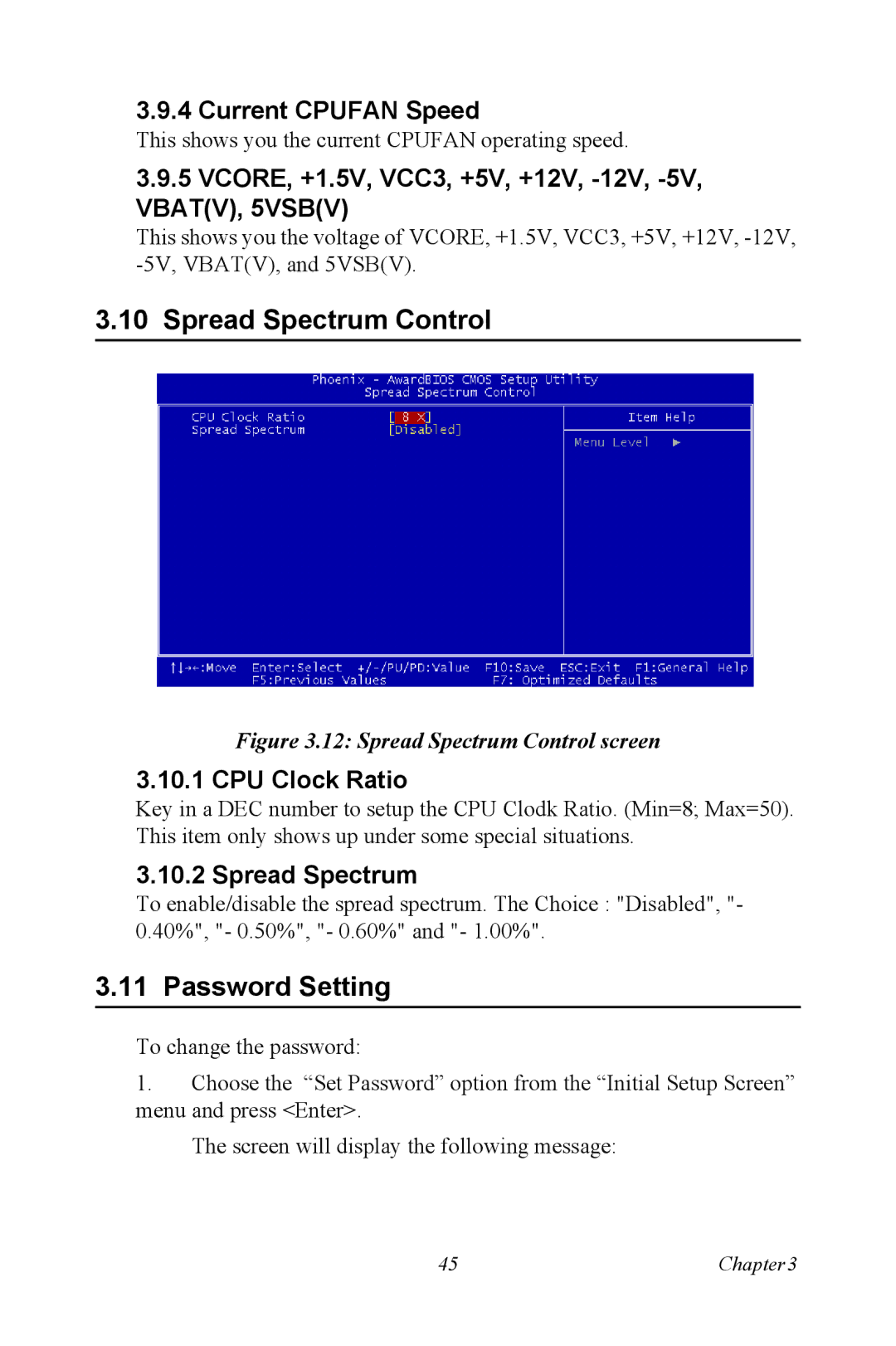 Intel AIMB-744 user manual Spread Spectrum Control, Password Setting 