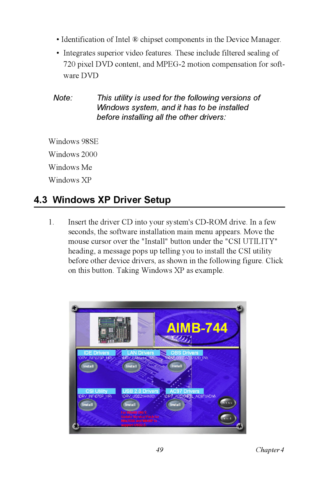 Intel AIMB-744 user manual Windows XP Driver Setup 