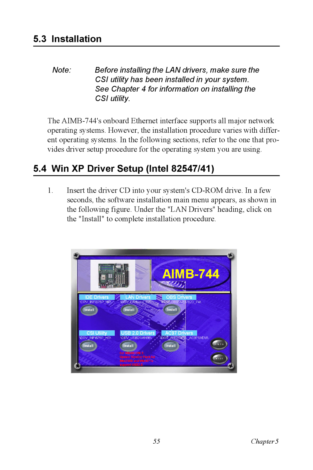 Intel AIMB-744 user manual Installation, Win XP Driver Setup Intel 82547/41 