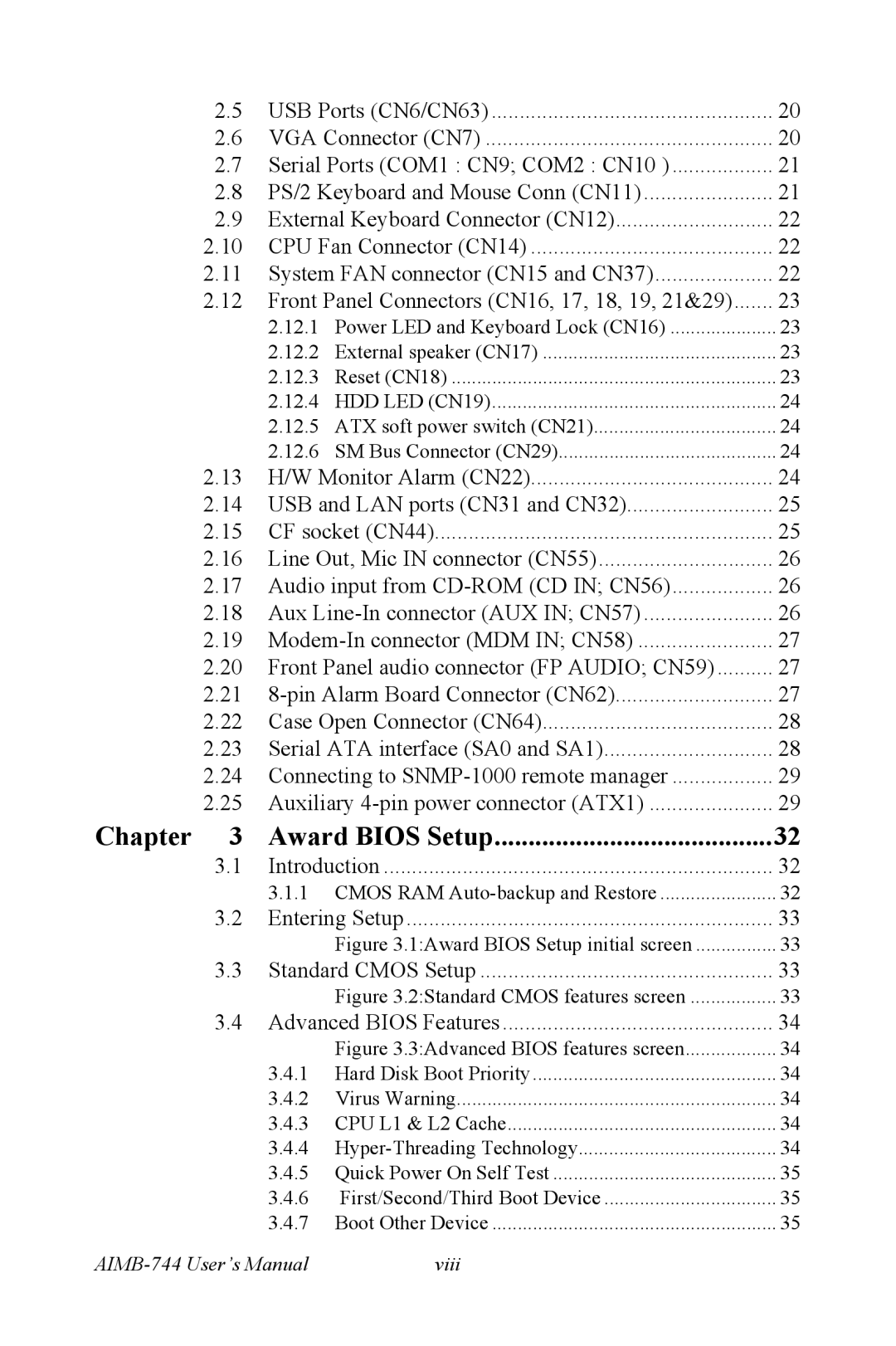 Intel AIMB-744 user manual Chapter Award Bios Setup 