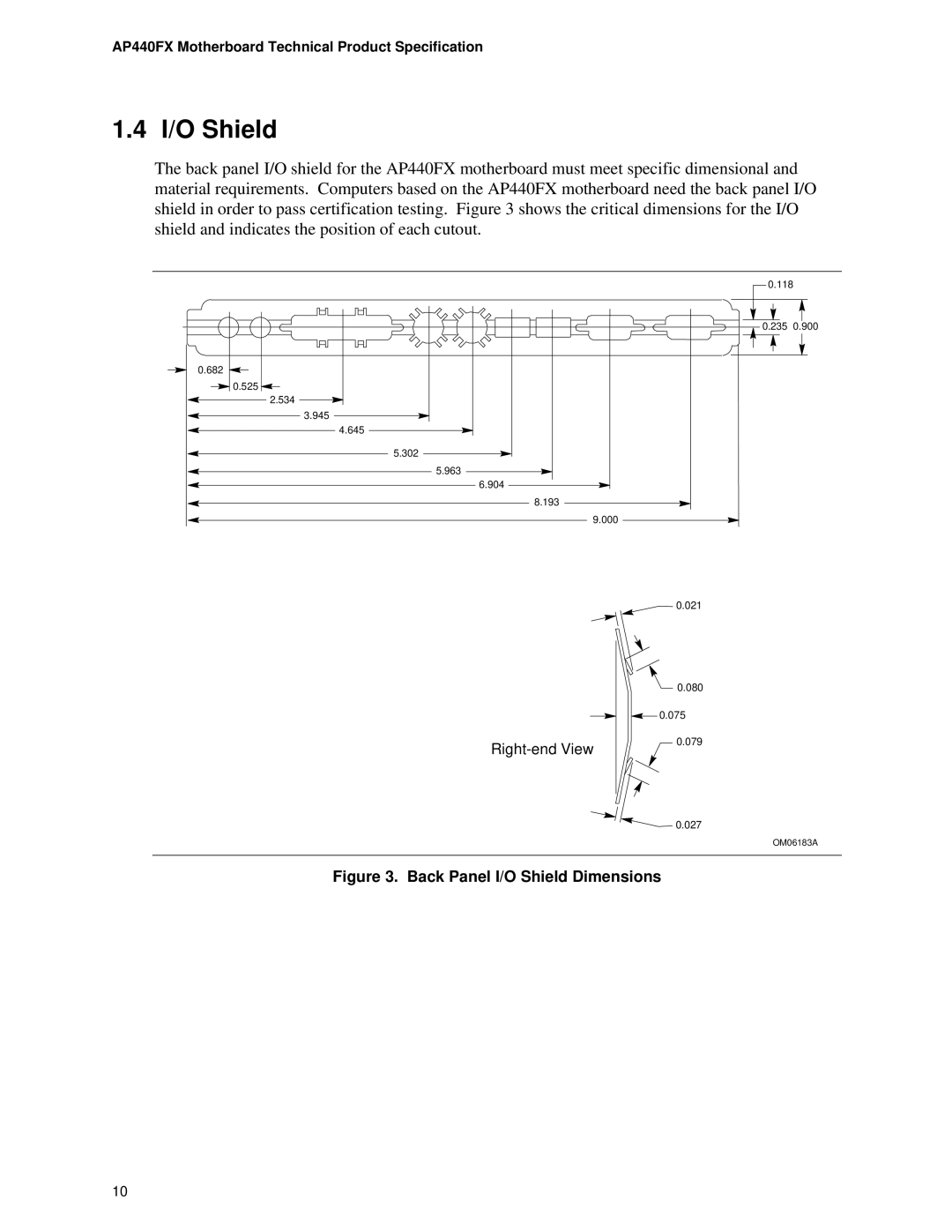 Intel AP440FX specifications Back Panel I/O Shield Dimensions 