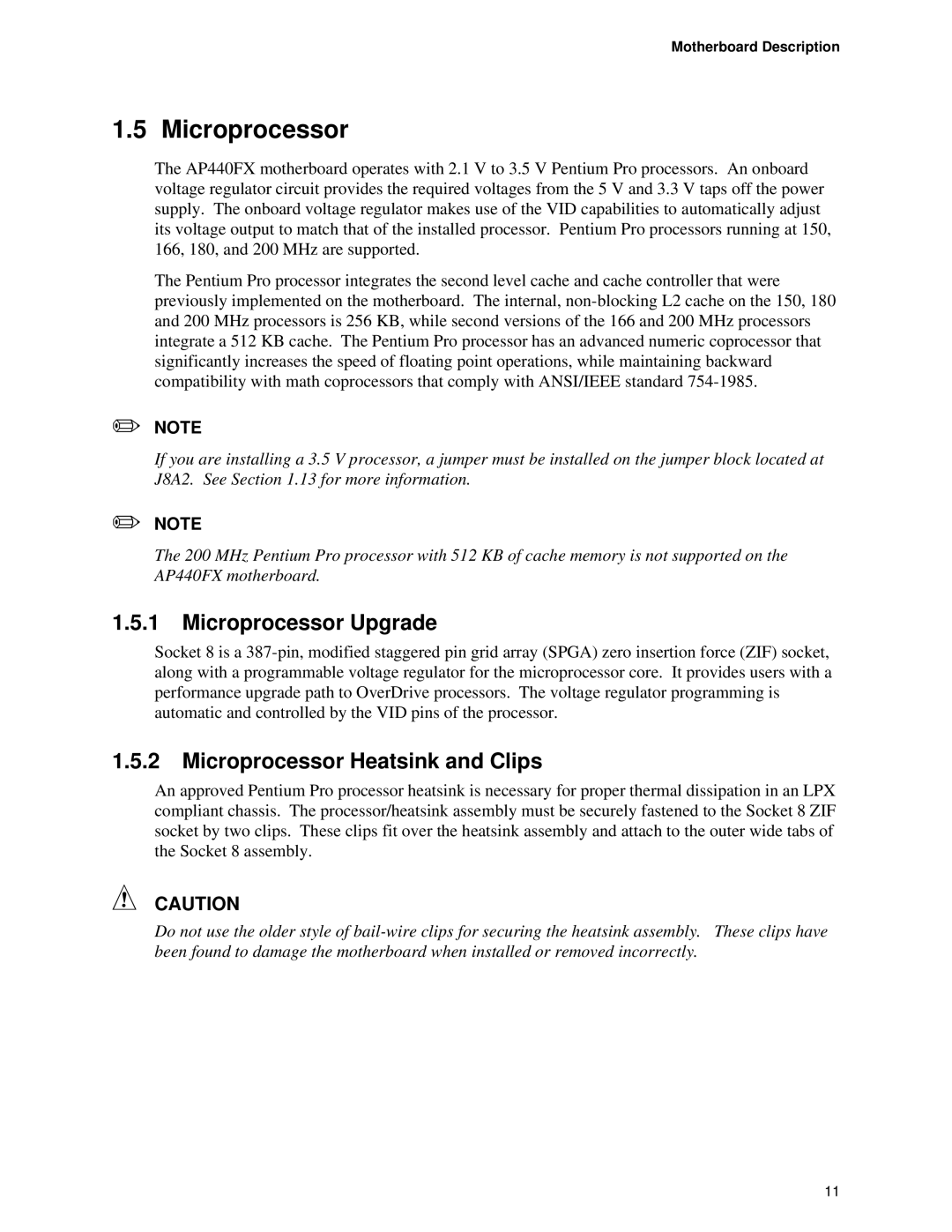 Intel AP440FX specifications Microprocessor Upgrade, Microprocessor Heatsink and Clips 