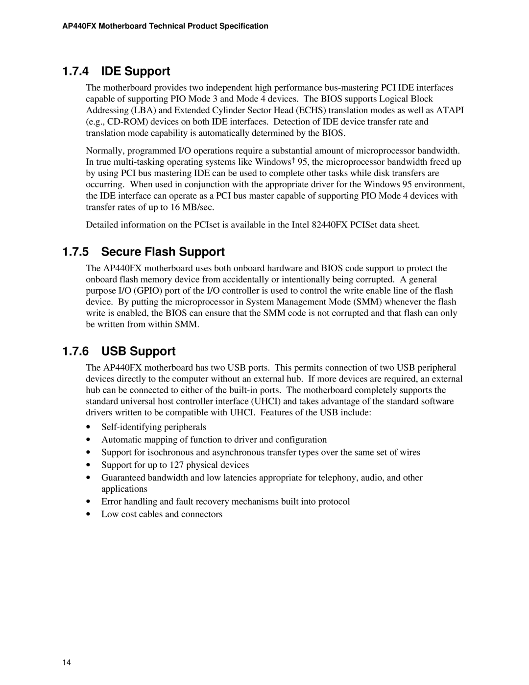 Intel AP440FX specifications IDE Support, Secure Flash Support, USB Support 