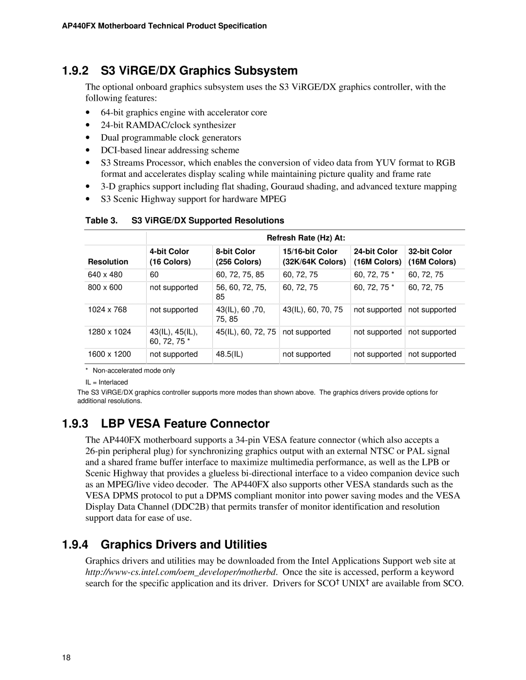 Intel AP440FX specifications 2 S3 ViRGE/DX Graphics Subsystem, LBP Vesa Feature Connector, Graphics Drivers and Utilities 